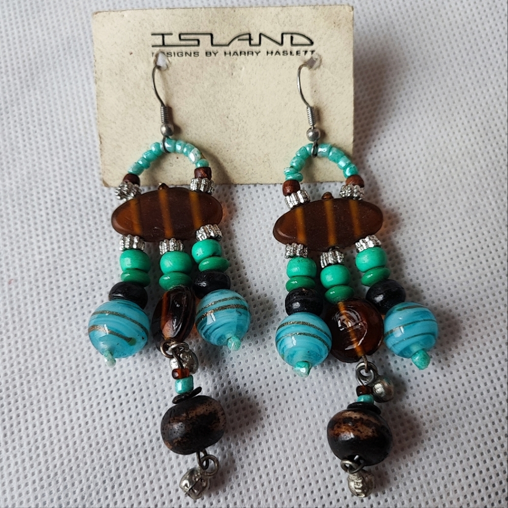 Harry Haslet Brown Turquoise Venetian Glass Tortoise Beaded Island Earrings NOC